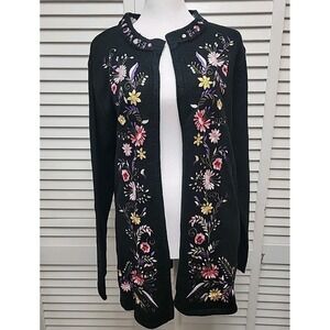 Victor Costa Open Cardigan Black Sweater Floral Embroidery Silk Blend Sz Medium